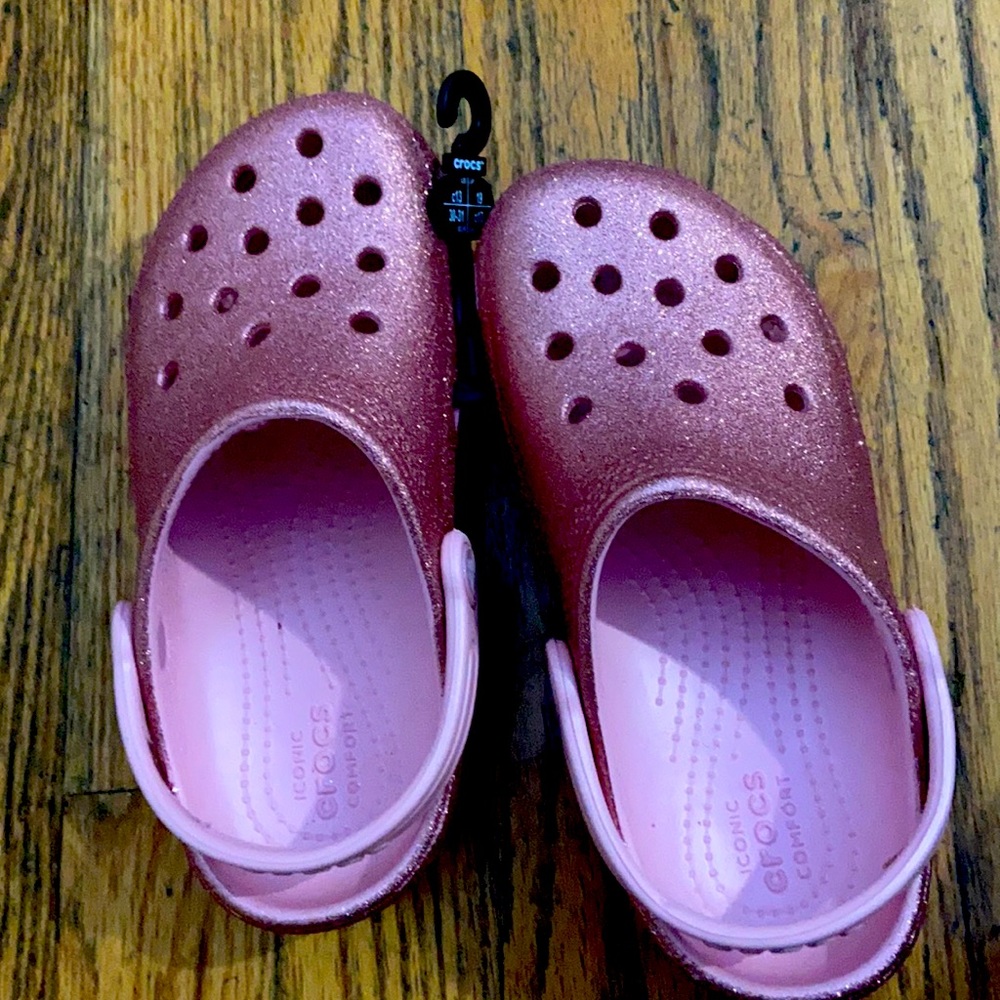 Pink sparkle crocs